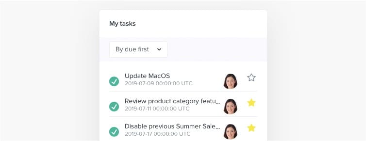 "My tasks" widget with "By due first" sorting applied. 3 checkmarks on the left highlight solved tasks, and 2 stars on the right mark important tasks.