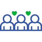 Three users arm to arm with heart symbols Three users arm to arm with heart symbols